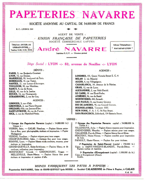 Publicité des Papeteries Navarre 1927